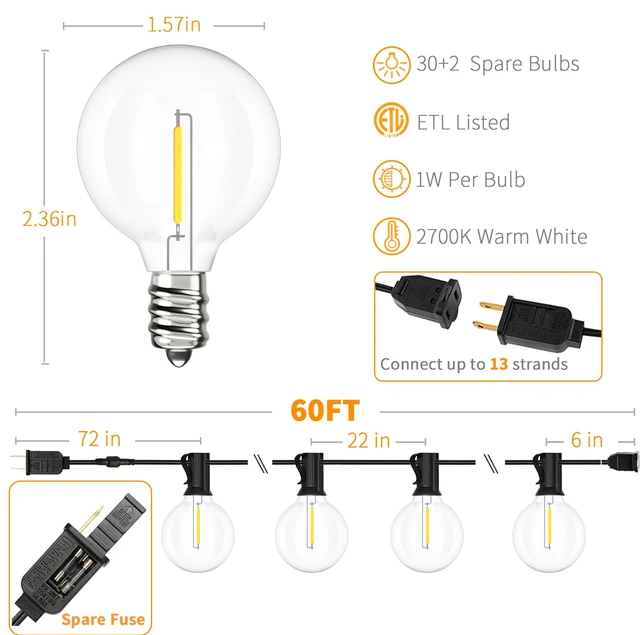 Alt view image 3 of 7 - Outdoor String Lights LED 60 FT G40 Patio Globe Light Waterproof 32 Shatterproof G40 Edison Bulbs, Plug-In, Dimmable, Connectable, Outside Light for Backyard Porch Party Christmas Decorative