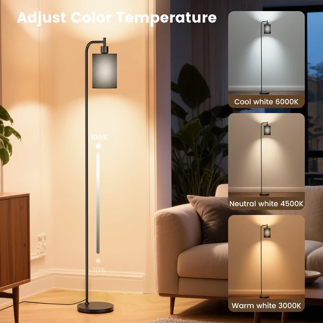 Alt view image 3 of 7 - Floor Lamp with Linen Shade, Dimmable Tall Standing Lamp with Remote Control & 3 Color Temperatures, Modern Floor Lamps for Living Room Bedroom Office Corner, 9W LED Bulb Included