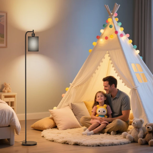Alt view image 7 of 7 - Floor Lamp with Linen Shade, Dimmable Tall Standing Lamp with Remote Control & 3 Color Temperatures, Modern Floor Lamps for Living Room Bedroom Office Corner, 9W LED Bulb Included