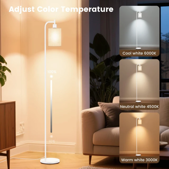 Alt view image 3 of 7 - Floor Lamp with Linen Shade, Dimmable Tall Standing Lamp with Remote Control & 3 Color Temperatures, Modern Floor Lamps for Living Room Bedroom Office Corner, 9W LED Bulb Included