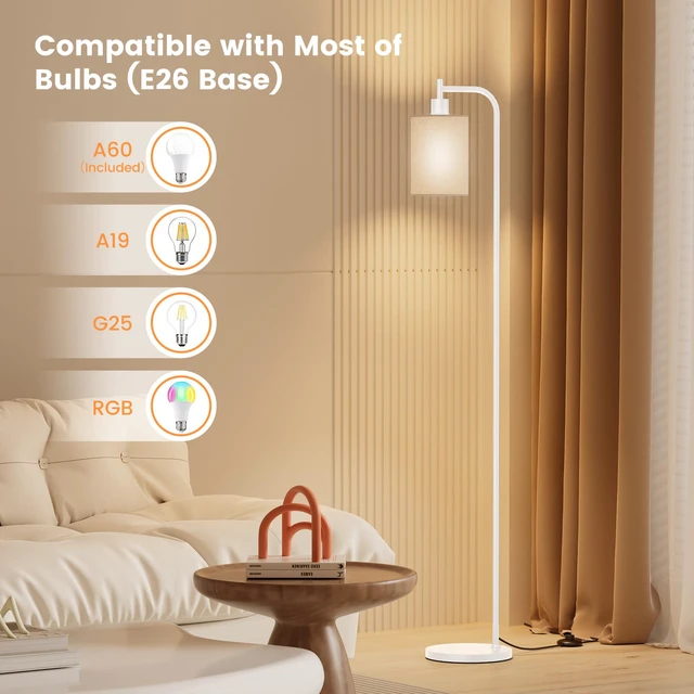 Alt view image 5 of 7 - Floor Lamp with Linen Shade, Dimmable Tall Standing Lamp with Remote Control & 3 Color Temperatures, Modern Floor Lamps for Living Room Bedroom Office Corner, 9W LED Bulb Included