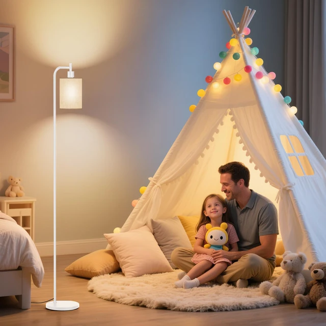 Alt view image 6 of 7 - Floor Lamp with Linen Shade, Dimmable Tall Standing Lamp with Remote Control & 3 Color Temperatures, Modern Floor Lamps for Living Room Bedroom Office Corner, 9W LED Bulb Included