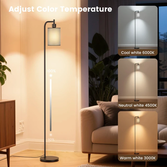 Alt view image 3 of 7 - Floor Lamp with Linen Shade, Dimmable Tall Standing Lamp with Remote Control & 3 Color Temperatures, Modern Floor Lamps for Living Room Bedroom Office Corner, 9W LED Bulb Included