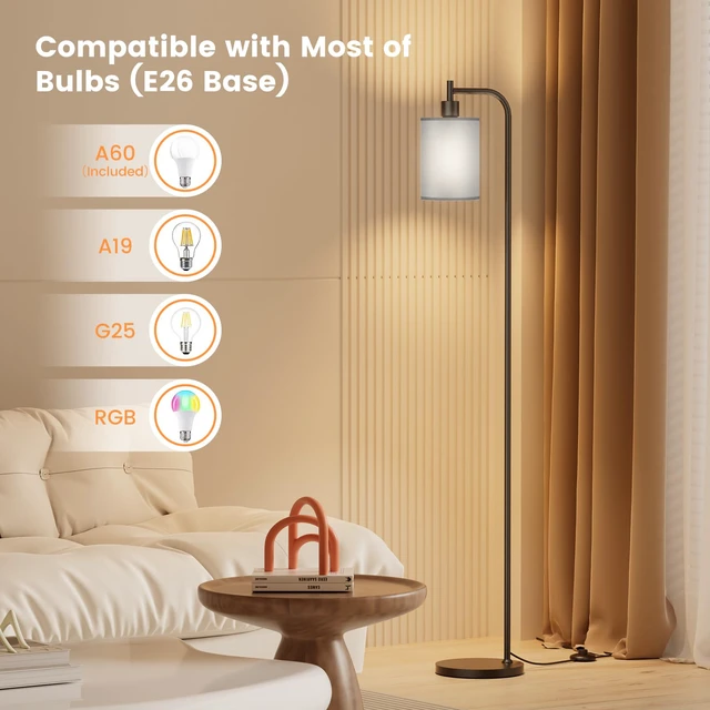 Alt view image 6 of 7 - Floor Lamp with Linen Shade, Dimmable Tall Standing Lamp with Remote Control & 3 Color Temperatures, Modern Floor Lamps for Living Room Bedroom Office Corner, 9W LED Bulb Included