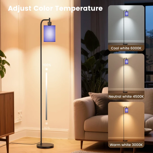 Alt view image 3 of 7 - Floor Lamp with Linen Shade, Dimmable Tall Standing Lamp with Remote Control & 3 Color Temperatures, Modern Floor Lamps for Living Room Bedroom Office Corner, 9W LED Bulb Included