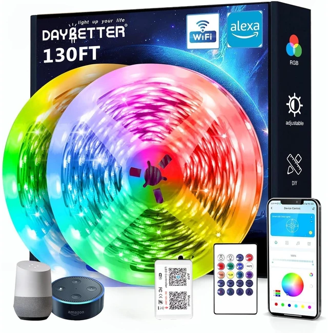 Main image of 130ft Smart WiFi Led Lights, Led Strip Lights Work with Alexa and Google Assistant, App Voice Remote Control Music Sync Color Changing RGB Strip Lighting for Bedroom Room Decor, 65.6ft *2