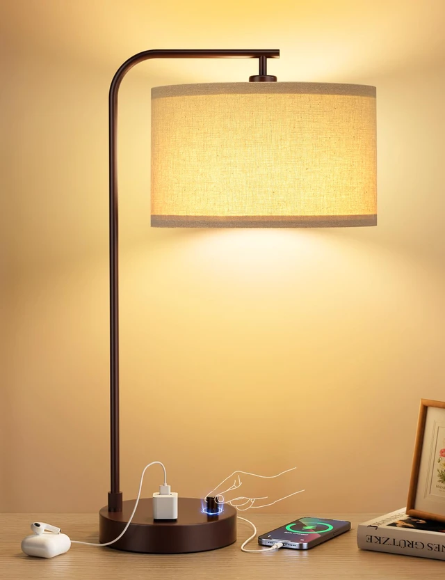 Main image of 20.7" Tall Table Lamp with USB & Outlet, Fully Dimmable Nightstand Lamp Linen Lampshade, USB Port and Outlet, Brown Desk Lamp for Bedside, Living Room, Guest Room, Home Office, LED Bulb Included