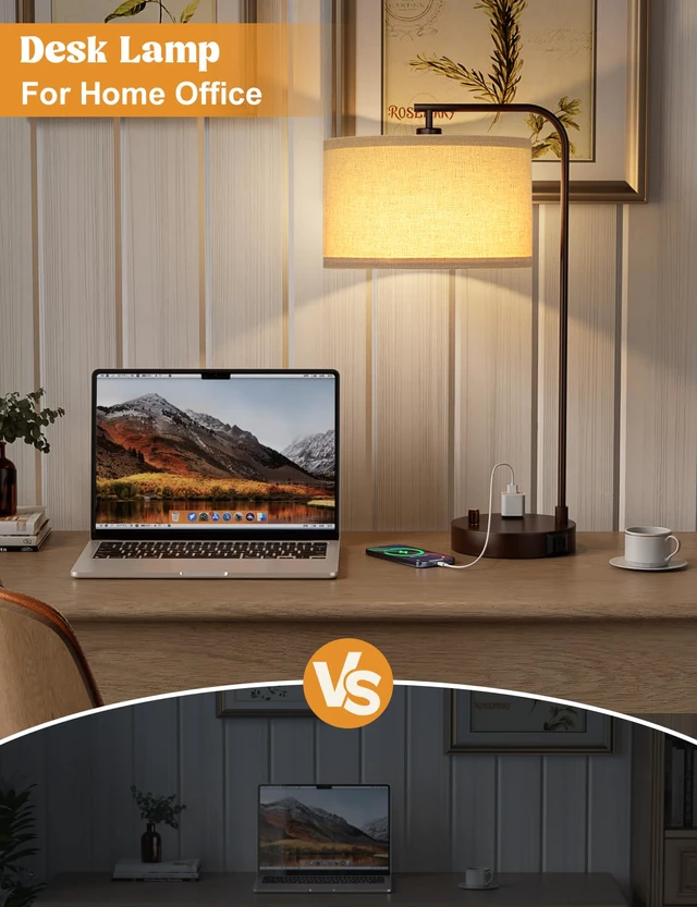 Alt view image 4 of 7 - 20.7" Tall Table Lamp with USB & Outlet, Fully Dimmable Nightstand Lamp Linen Lampshade, USB Port and Outlet, Brown Desk Lamp for Bedside, Living Room, Guest Room, Home Office, LED Bulb Included