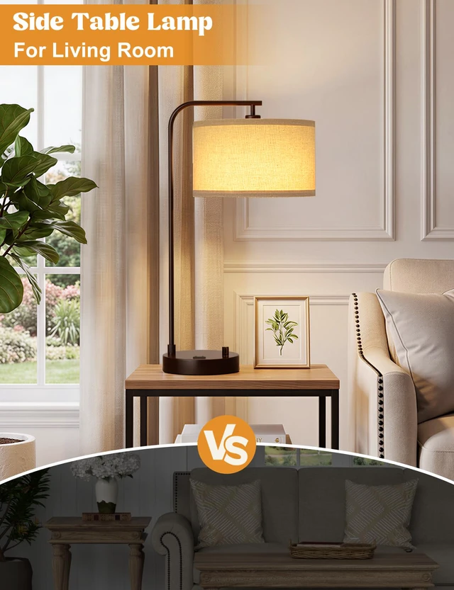 Alt view image 5 of 7 - 20.7" Tall Table Lamp with USB & Outlet, Fully Dimmable Nightstand Lamp Linen Lampshade, USB Port and Outlet, Brown Desk Lamp for Bedside, Living Room, Guest Room, Home Office, LED Bulb Included