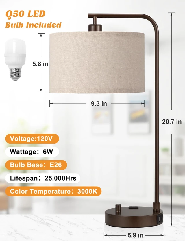 Alt view image 7 of 7 - 20.7" Tall Table Lamp with USB & Outlet, Fully Dimmable Nightstand Lamp Linen Lampshade, USB Port and Outlet, Brown Desk Lamp for Bedside, Living Room, Guest Room, Home Office, LED Bulb Included