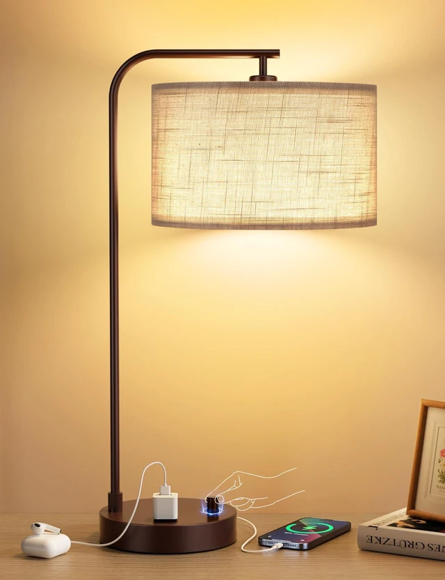 Main image of 20.7" Tall Table Lamp with USB & Outlet, Fully Dimmable Nightstand Lamp Linen Lampshade, USB Port and Outlet, Brown Desk Lamp for Bedside, Living Room, Guest Room, Home Office, LED Bulb Included
