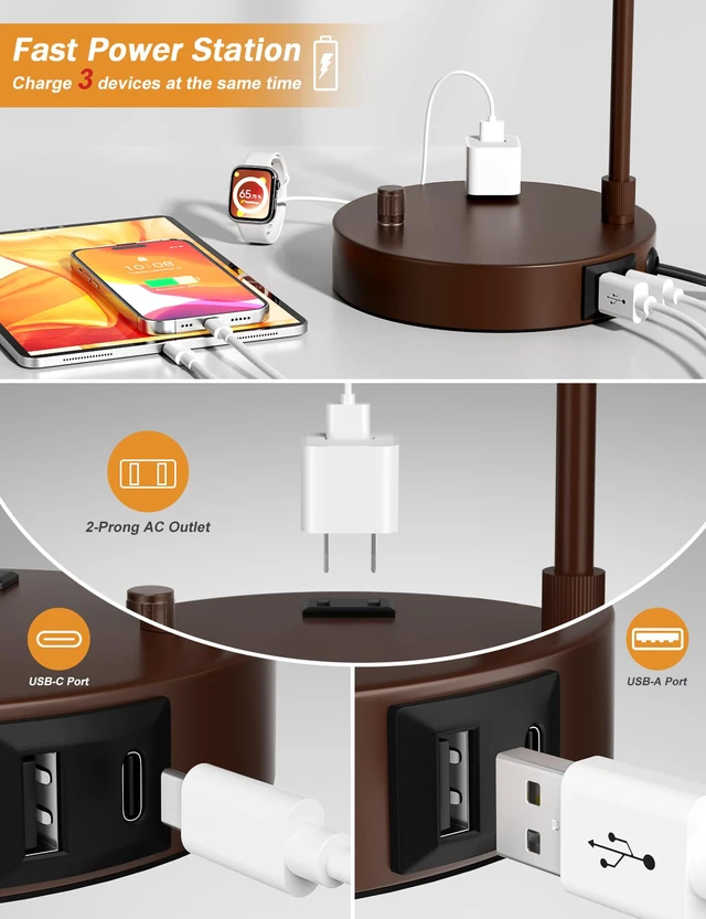 Alt view image 2 of 7 - 20.7" Tall Table Lamp with USB & Outlet, Fully Dimmable Nightstand Lamp Linen Lampshade, USB Port and Outlet, Brown Desk Lamp for Bedside, Living Room, Guest Room, Home Office, LED Bulb Included