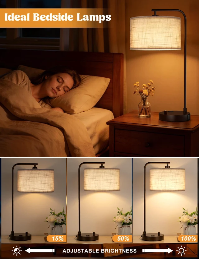 Alt view image 3 of 7 - 20.7" Tall Table Lamp with USB & Outlet, Fully Dimmable Nightstand Lamp Linen Lampshade, USB Port and Outlet, Brown Desk Lamp for Bedside, Living Room, Guest Room, Home Office, LED Bulb Included