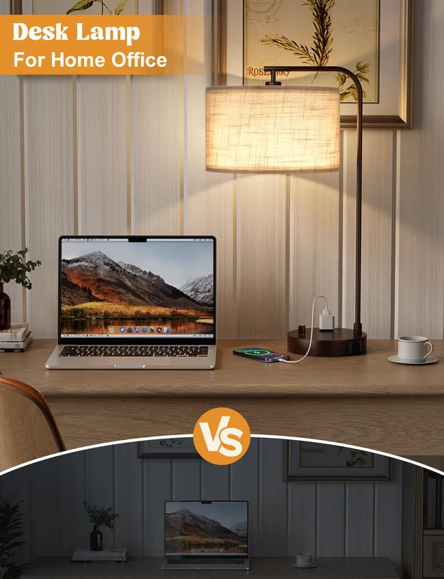 Alt view image 4 of 7 - 20.7" Tall Table Lamp with USB & Outlet, Fully Dimmable Nightstand Lamp Linen Lampshade, USB Port and Outlet, Brown Desk Lamp for Bedside, Living Room, Guest Room, Home Office, LED Bulb Included