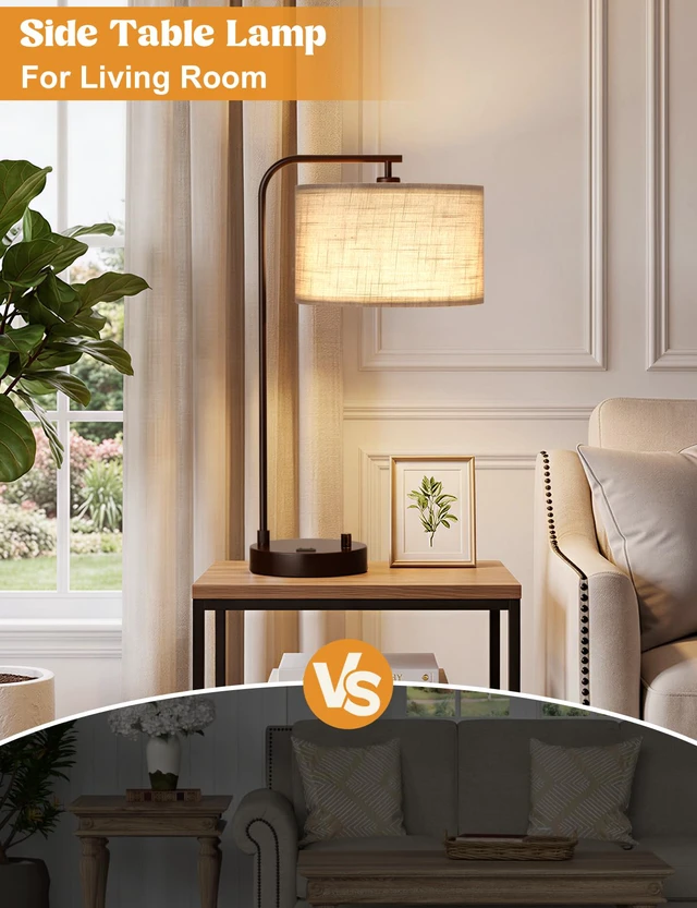 Alt view image 5 of 7 - 20.7" Tall Table Lamp with USB & Outlet, Fully Dimmable Nightstand Lamp Linen Lampshade, USB Port and Outlet, Brown Desk Lamp for Bedside, Living Room, Guest Room, Home Office, LED Bulb Included