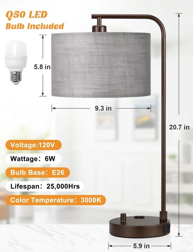 Alt view image 7 of 7 - 20.7" Tall Table Lamp with USB & Outlet, Fully Dimmable Nightstand Lamp Linen Lampshade, USB Port and Outlet, Brown Desk Lamp for Bedside, Living Room, Guest Room, Home Office, LED Bulb Included
