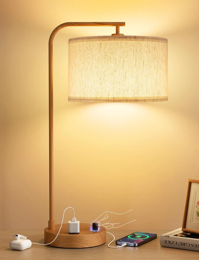 Main image of 20.7" Tall Table Lamp with USB & Outlet, Fully Dimmable Nightstand Lamp Linen Lampshade, USB Port and Outlet, Wood Paint Desk Lamp for Bedside, Living Room, Guest Room, Home Office