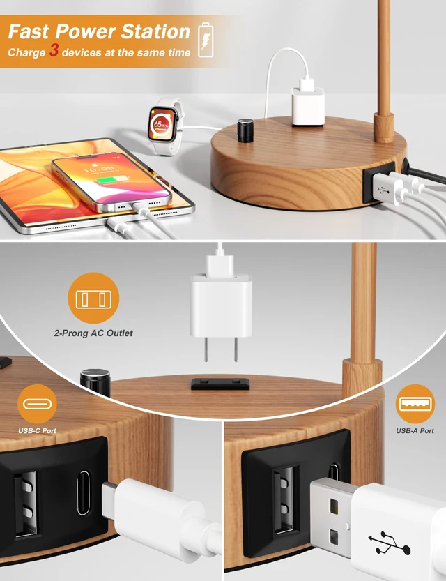 Alt view image 2 of 7 - 20.7" Tall Table Lamp with USB & Outlet, Fully Dimmable Nightstand Lamp Linen Lampshade, USB Port and Outlet, Wood Paint Desk Lamp for Bedside, Living Room, Guest Room, Home Office