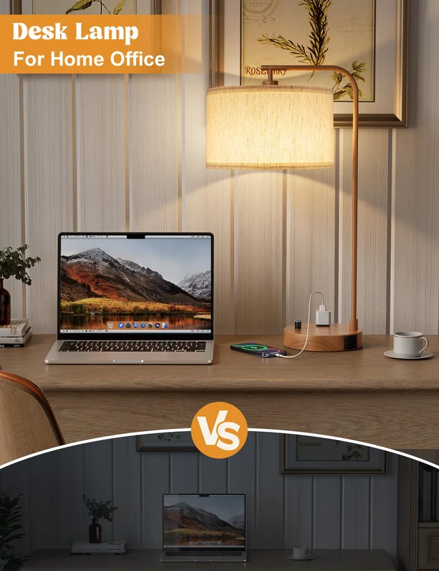 Alt view image 4 of 7 - 20.7" Tall Table Lamp with USB & Outlet, Fully Dimmable Nightstand Lamp Linen Lampshade, USB Port and Outlet, Wood Paint Desk Lamp for Bedside, Living Room, Guest Room, Home Office