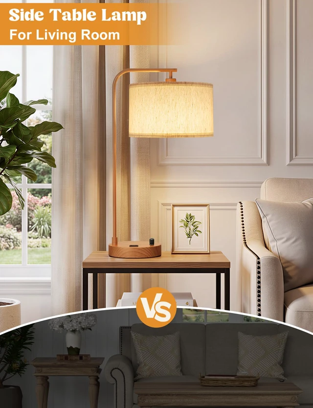 Alt view image 5 of 7 - 20.7" Tall Table Lamp with USB & Outlet, Fully Dimmable Nightstand Lamp Linen Lampshade, USB Port and Outlet, Wood Paint Desk Lamp for Bedside, Living Room, Guest Room, Home Office