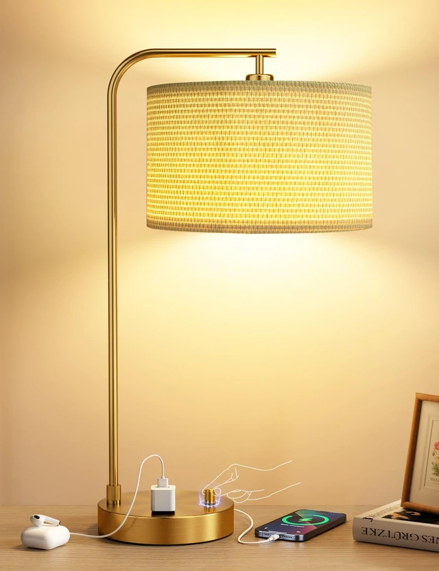 Main image of 20.7" Gold Table Lamp with USB & Outlet, Fully Dimmable Nightstand Lamp Linen Lampshade, USB Port and Outlet, Gold Desk Lamp for Bedside, Living Room, Guest Room, Home Office, LED Bulb Included