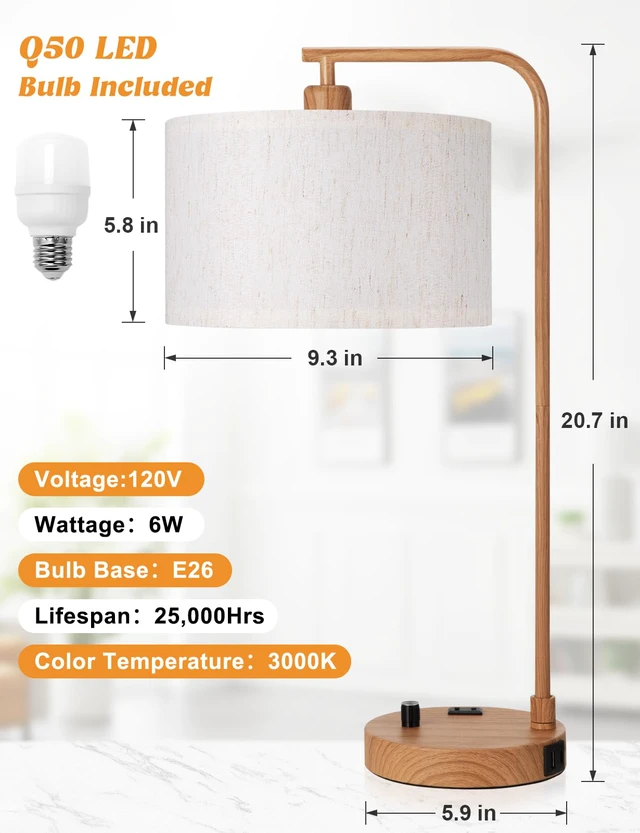 Alt view image 7 of 7 - 20.7" Tall Table Lamp with USB & Outlet, Fully Dimmable Nightstand Lamp Linen Lampshade, USB Port and Outlet, Wood Paint Desk Lamp for Bedside, Living Room, Guest Room, Home Office