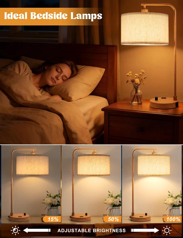 Alt view image 3 of 7 - 20.7" Tall Table Lamp with USB & Outlet, Fully Dimmable Nightstand Lamp Linen Lampshade, USB Port and Outlet, Wood Paint Desk Lamp for Bedside, Living Room, Guest Room, Home Office