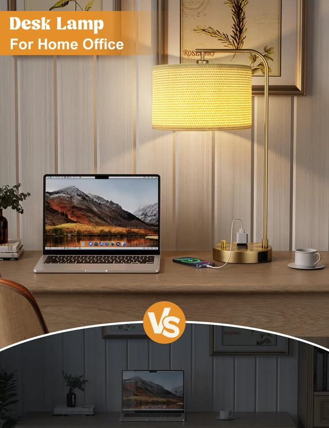Alt view image 4 of 7 - 20.7" Gold Table Lamp with USB & Outlet, Fully Dimmable Nightstand Lamp Linen Lampshade, USB Port and Outlet, Gold Desk Lamp for Bedside, Living Room, Guest Room, Home Office, LED Bulb Included
