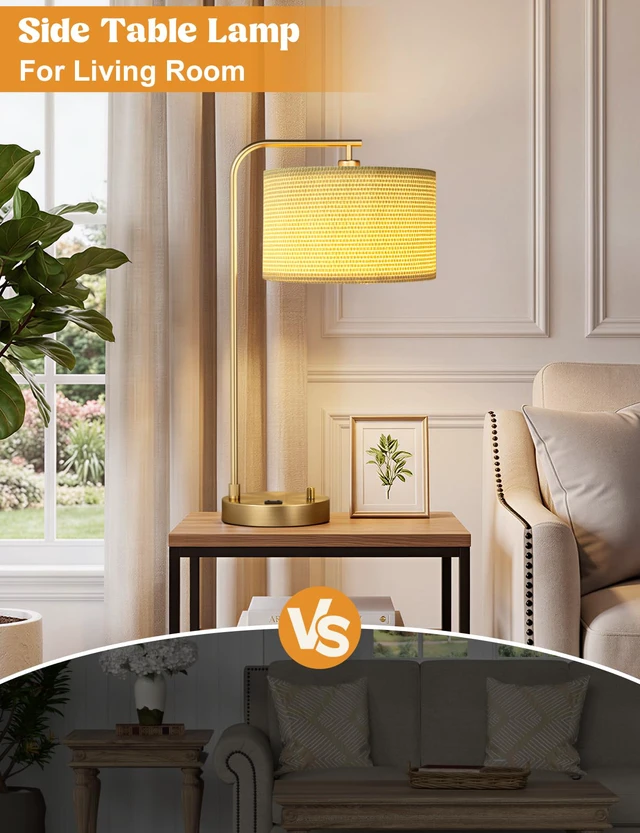Alt view image 5 of 7 - 20.7" Gold Table Lamp with USB & Outlet, Fully Dimmable Nightstand Lamp Linen Lampshade, USB Port and Outlet, Gold Desk Lamp for Bedside, Living Room, Guest Room, Home Office, LED Bulb Included