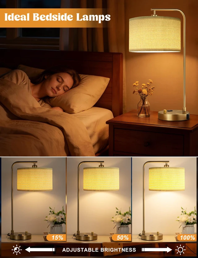 Alt view image 3 of 7 - 20.7" Gold Table Lamp with USB & Outlet, Fully Dimmable Nightstand Lamp Linen Lampshade, USB Port and Outlet, Gold Desk Lamp for Bedside, Living Room, Guest Room, Home Office, LED Bulb Included