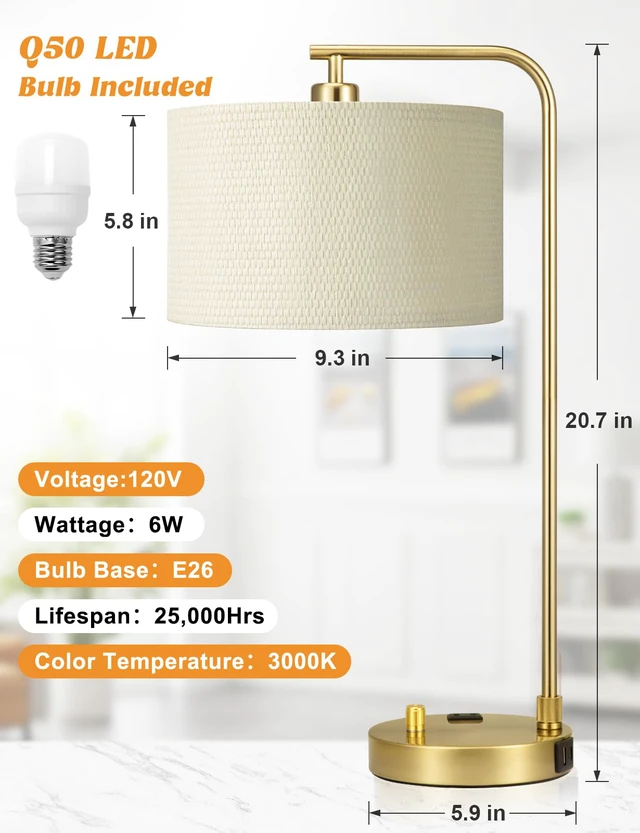 Alt view image 7 of 7 - 20.7" Gold Table Lamp with USB & Outlet, Fully Dimmable Nightstand Lamp Linen Lampshade, USB Port and Outlet, Gold Desk Lamp for Bedside, Living Room, Guest Room, Home Office, LED Bulb Included