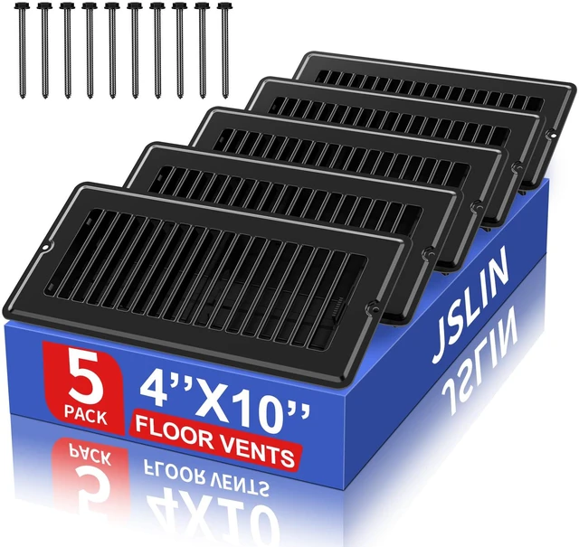 Main image of 4x10 Floor Register Vent Covers for Home Floor Wall Ceiling with 10 Screws 5 Pack Heavy Duty Steel Walkable Black Floor Vents, Rust Proof Finish, Quiet & Easy Adjust Air Supply Lever, Fits 4x10 Inch
