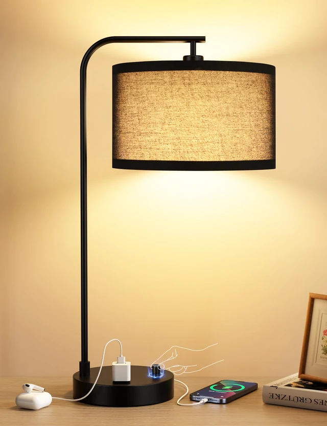 Main image of 20.7" Tall Table Lamp with USB & Outlet, Fully Dimmable Nightstand Lamp Linen Lampshade, USB Port and Outlet, Black Desk Lamp for Bedside, Living Room, Guest Room, Home Office, LED Bulb Included