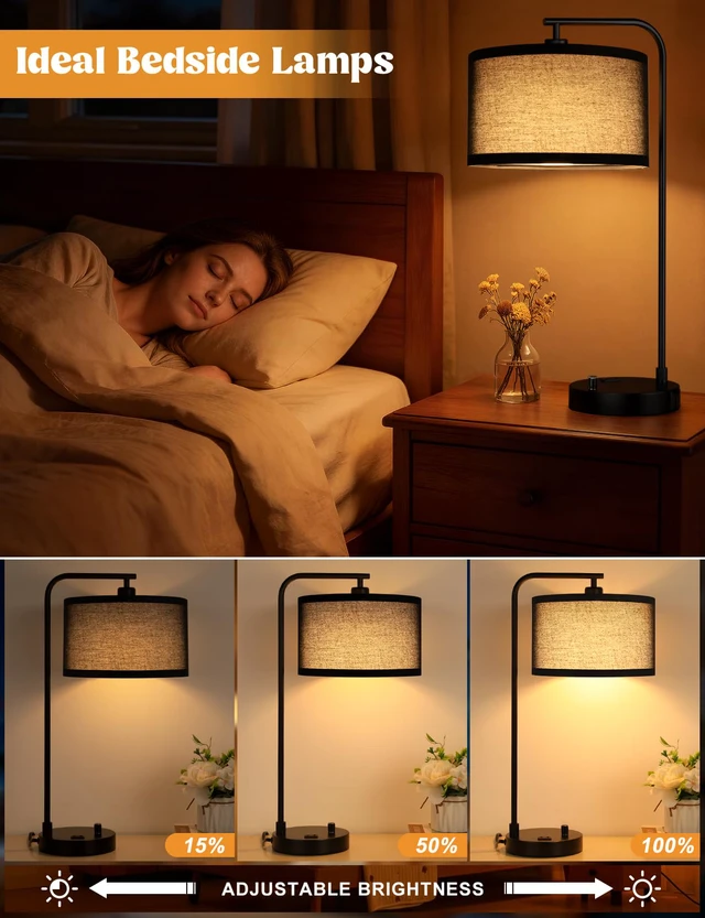 Alt view image 3 of 7 - 20.7" Tall Table Lamp with USB & Outlet, Fully Dimmable Nightstand Lamp Linen Lampshade, USB Port and Outlet, Black Desk Lamp for Bedside, Living Room, Guest Room, Home Office, LED Bulb Included