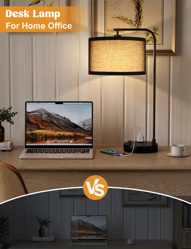 Alt view image 4 of 7 - 20.7" Tall Table Lamp with USB & Outlet, Fully Dimmable Nightstand Lamp Linen Lampshade, USB Port and Outlet, Black Desk Lamp for Bedside, Living Room, Guest Room, Home Office, LED Bulb Included