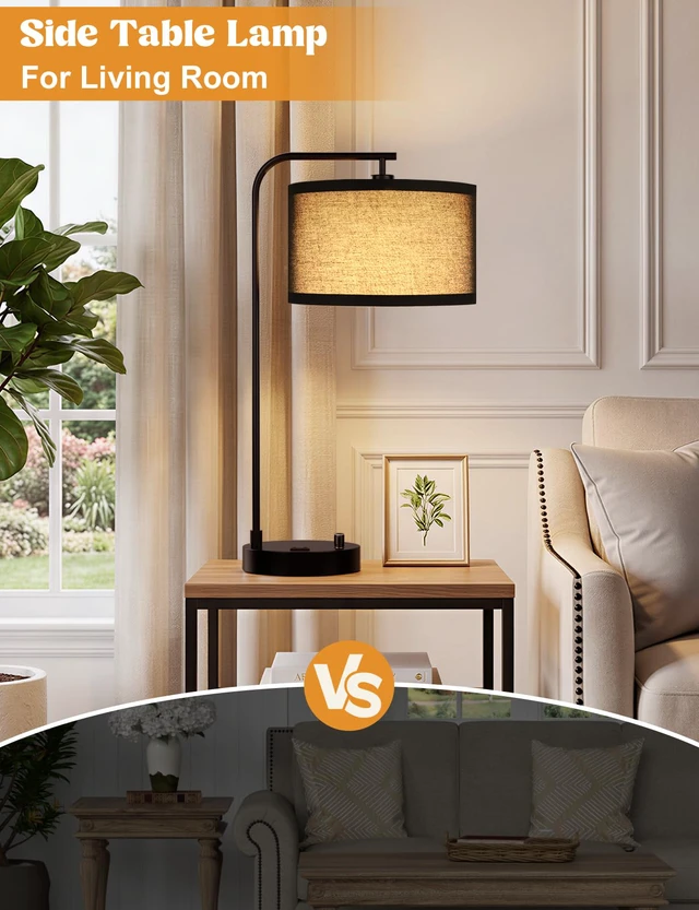 Alt view image 5 of 7 - 20.7" Tall Table Lamp with USB & Outlet, Fully Dimmable Nightstand Lamp Linen Lampshade, USB Port and Outlet, Black Desk Lamp for Bedside, Living Room, Guest Room, Home Office, LED Bulb Included