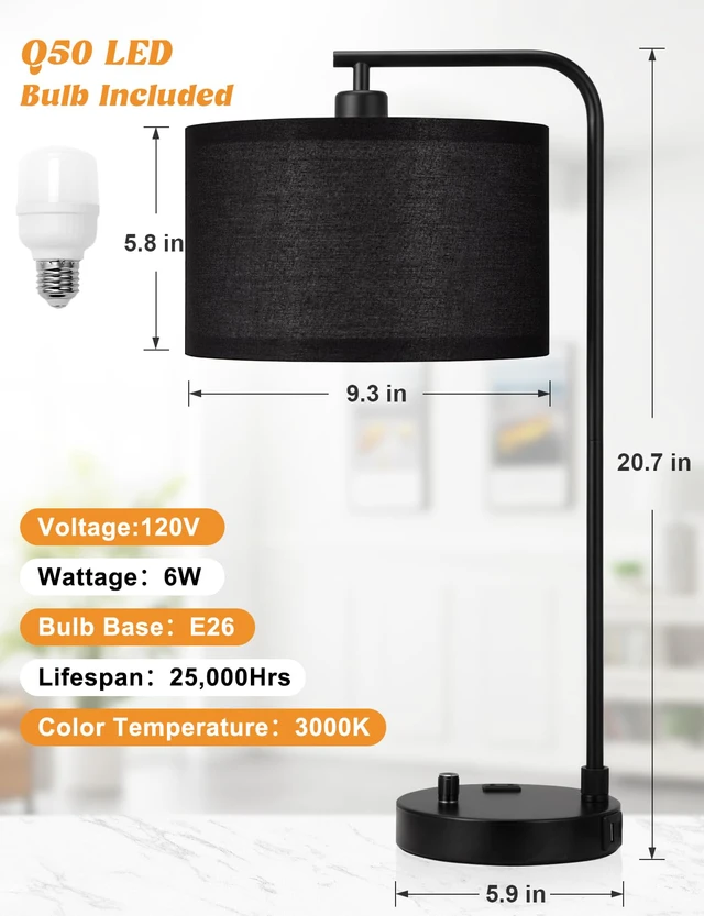 Alt view image 7 of 7 - 20.7" Tall Table Lamp with USB & Outlet, Fully Dimmable Nightstand Lamp Linen Lampshade, USB Port and Outlet, Black Desk Lamp for Bedside, Living Room, Guest Room, Home Office, LED Bulb Included