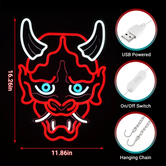 Alt view image 3 of 7 - Hannya Mask Neon Sign, Anime Japanese Neon Sign for Gamer Room Bar Tattoo Studio Decor | LED Oni Mask Neon Light for Bedroom Boys, Gaming Wall decor - Best Gamer Gifts for Teenage Boys, Christmas