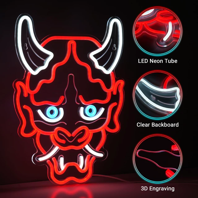 Alt view image 4 of 7 - Hannya Mask Neon Sign, Anime Japanese Neon Sign for Gamer Room Bar Tattoo Studio Decor | LED Oni Mask Neon Light for Bedroom Boys, Gaming Wall decor - Best Gamer Gifts for Teenage Boys, Christmas