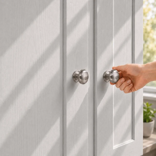 Alt view image 3 of 6 - 8-Pack Brushed Satin Nickel 1.5" Bifold Closet Cabinet Knob Pull Large Wide Base Zinc Round Kitchen Cabinet Wardrobe Dresser Dummy Doorknobs, Furniture Laundry Sideboard Buffet Drawer Handle
