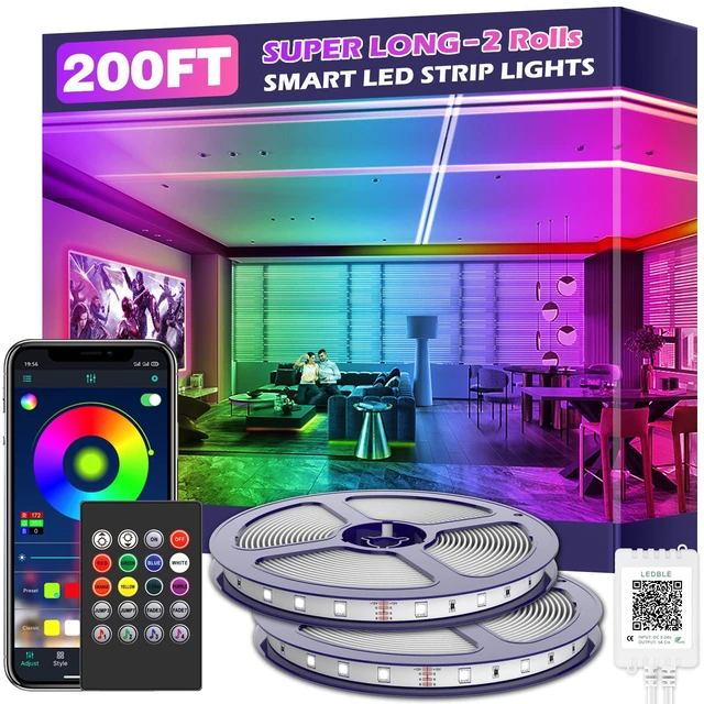 Main image of Led Strip Lights,Long Smart Led Light Strips Music Sync 5050 RGB Color Changing Rope Lights,Bluetooth APP/IR Remote/Switch Box Control Led Lights for Bedroom,Home Decoration,Party,Festival (200FT)