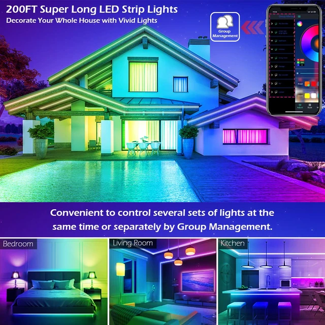 Alt view image 3 of 7 - Led Strip Lights,Long Smart Led Light Strips Music Sync 5050 RGB Color Changing Rope Lights,Bluetooth APP/IR Remote/Switch Box Control Led Lights for Bedroom,Home Decoration,Party,Festival (200FT)