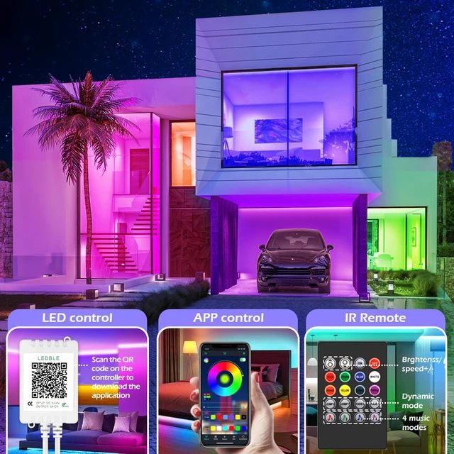 Alt view image 2 of 7 - Led Strip Lights,Long Smart Led Light Strips Music Sync 5050 RGB Color Changing Rope Lights,Bluetooth APP/IR Remote/Switch Box Control Led Lights for Bedroom,Home Decoration,Party,Festival (200FT)