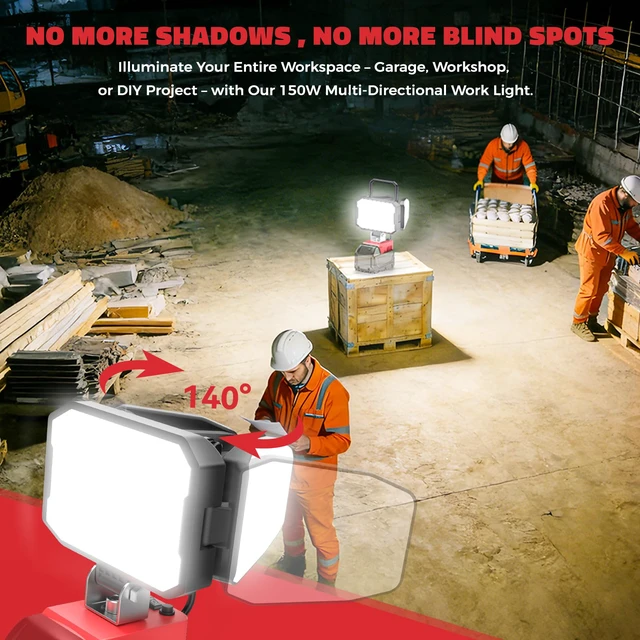 Alt view image 5 of 7 - LED Work Light Compatible with Milwaukee 18V Battery, 150W 15000LM Flood Light, 6500K Daylight 3-Head Adjustable, USB Type-C&2 Brightness Modes Portable Flashlight Job Site Light (Tool Only)