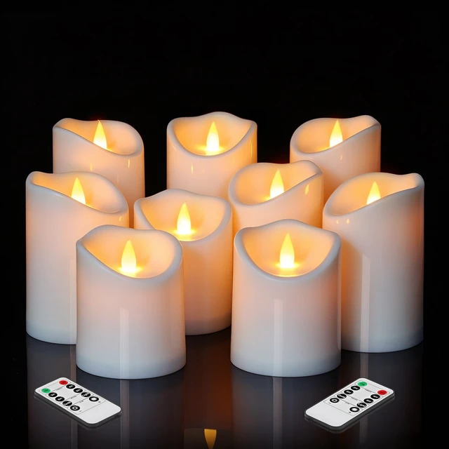Main image of Flameless Candles Set of 9 Plastic LED White Pillars with 2 Remotes & Timer, Battery Operated Outdoor Decor for Garden Patio, Wedding & Home Festival (White - 3" D x 9 Pack)