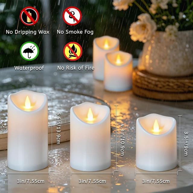 Alt view image 4 of 7 - Flameless Candles Set of 9 Plastic LED White Pillars with 2 Remotes & Timer, Battery Operated Outdoor Decor for Garden Patio, Wedding & Home Festival (White - 3" D x 9 Pack)