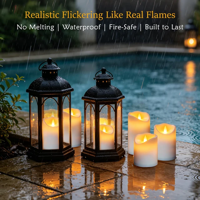 Alt view image 5 of 7 - Flameless Candles Set of 9 Plastic LED White Pillars with 2 Remotes & Timer, Battery Operated Outdoor Decor for Garden Patio, Wedding & Home Festival (White - 3" D x 9 Pack)