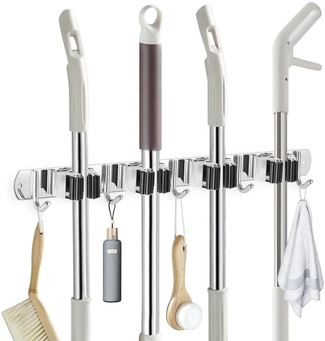 Main image of Broom Holder Wall Mount Stainless Steel Mop Organizer 4 Racks 5 Hooks Heavy Duty Garage Organization Storage,Broom and Mop Organizer Wall Hanging Self Adhesive for Laundry Room