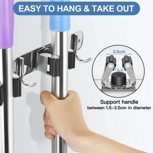 Alt view image 3 of 7 - Broom Holder Wall Mount Stainless Steel Mop Organizer 4 Racks 5 Hooks Heavy Duty Garage Organization Storage,Broom and Mop Organizer Wall Hanging Self Adhesive for Laundry Room