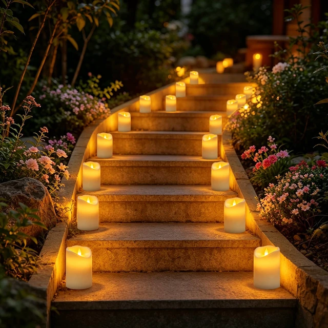 Alt view image 7 of 7 - Flameless Candles Set of 9 Plastic LED White Pillars with 2 Remotes & Timer, Battery Operated Outdoor Decor for Garden Patio, Wedding & Home Festival (White - 3" D x 9 Pack)